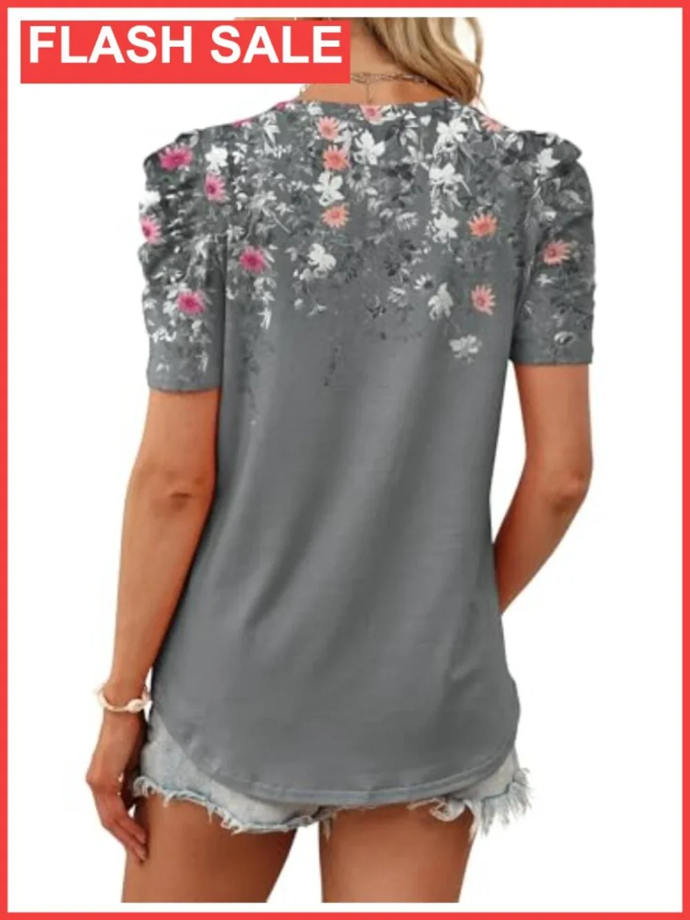 Womens Puff Sleeve Crewneck T Shirt Blouse Casual Summer Top